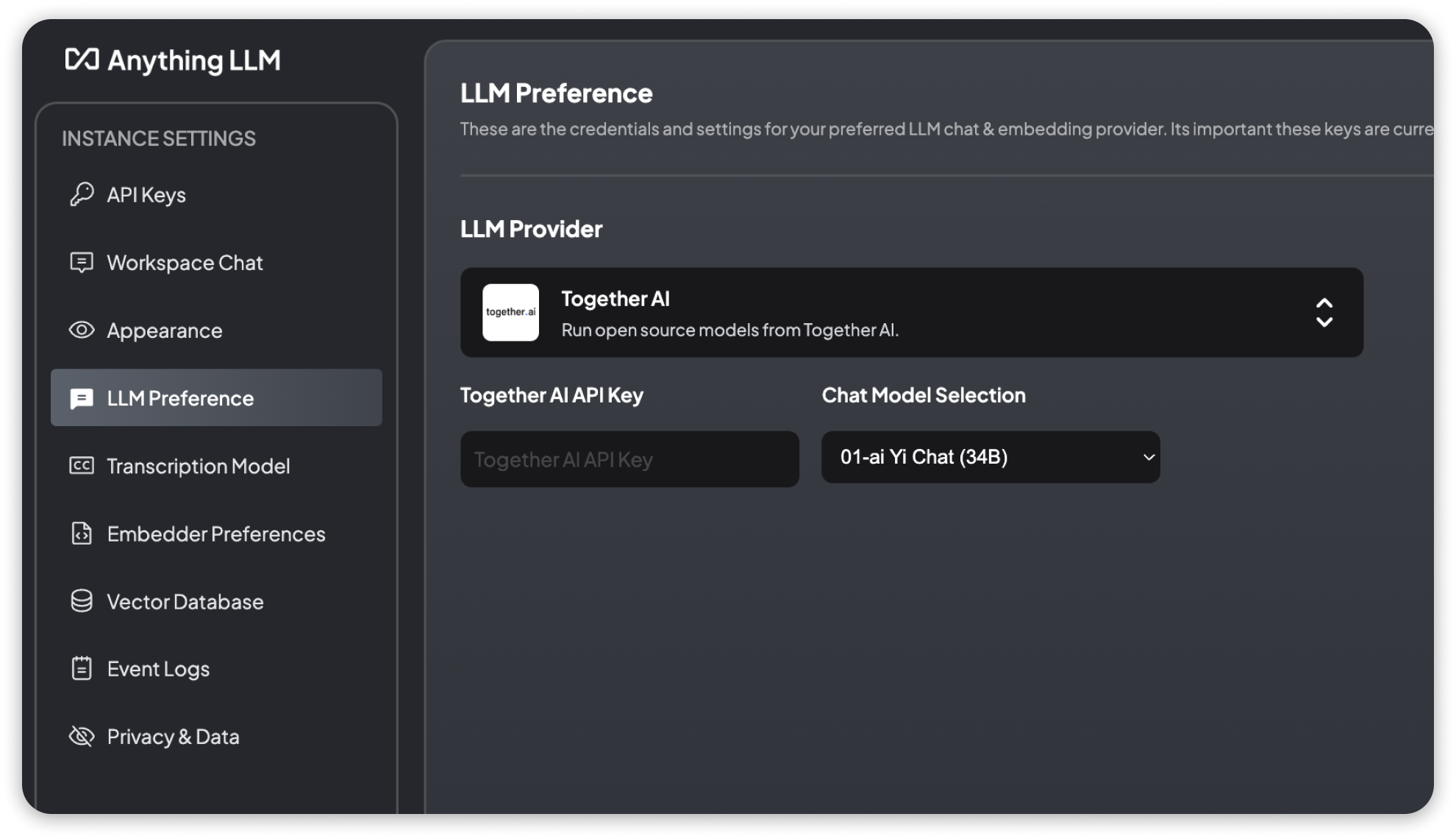 Together AI LLM settings