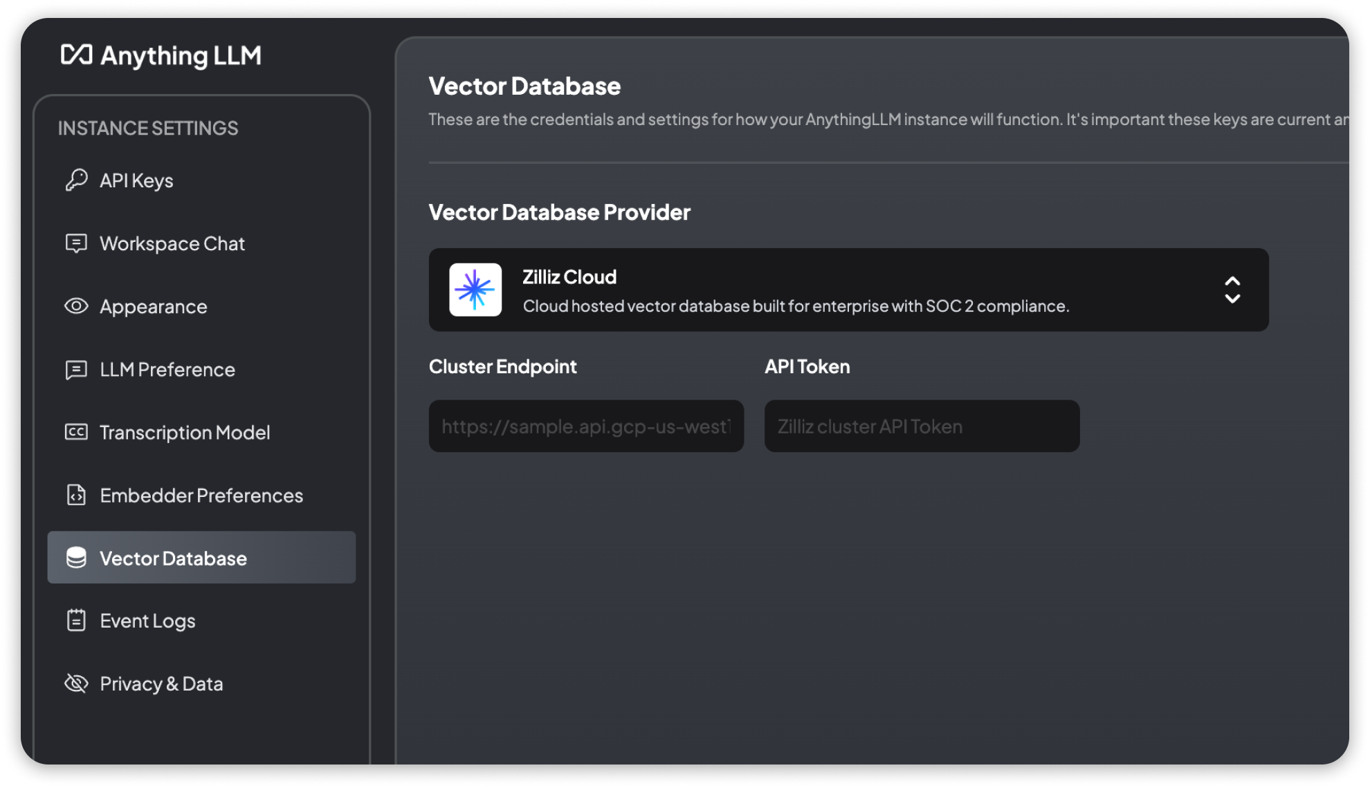 Zilliz Vector Database Settings