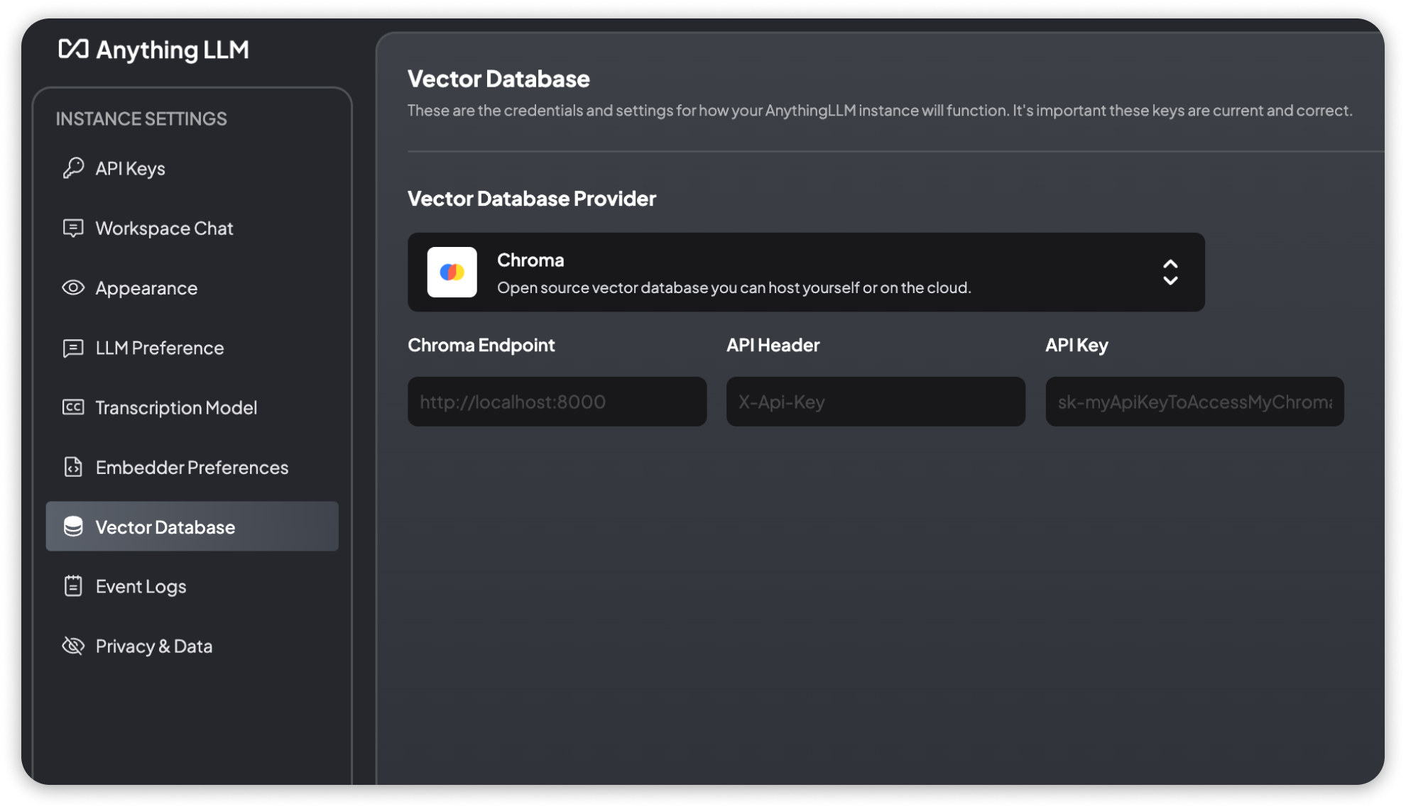 Chroma Vector Database Settings