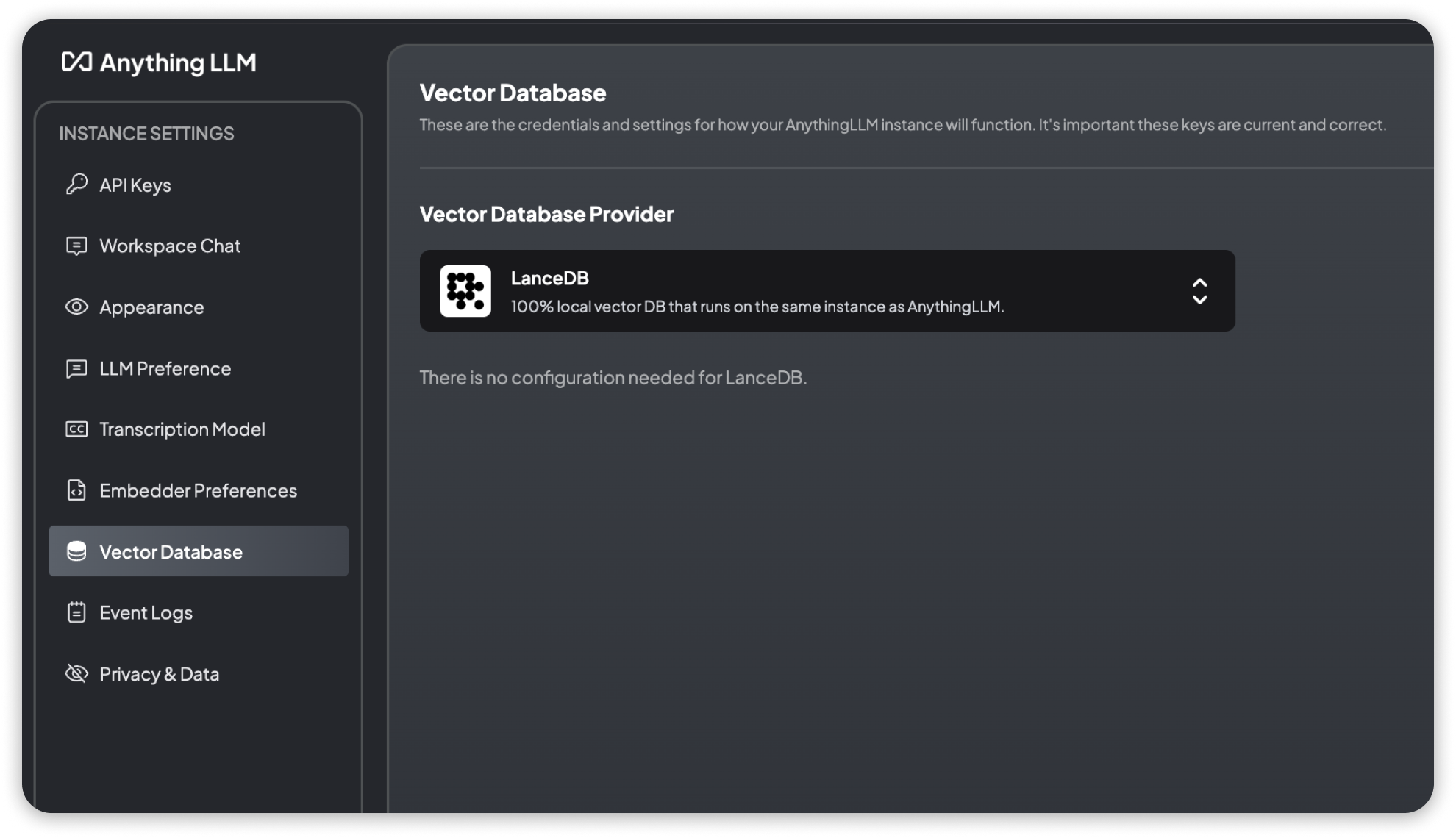 Lance DB Vector Database Settings