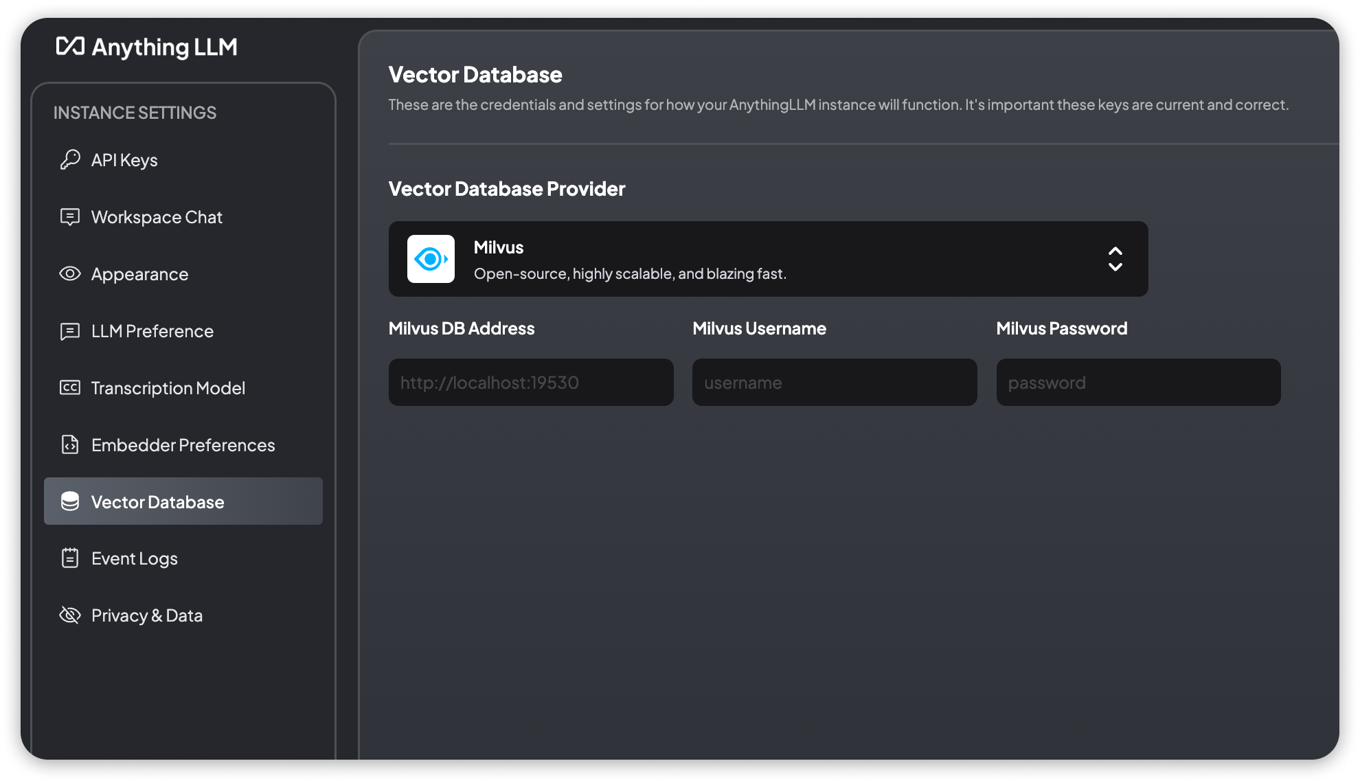 Milvus Vector Database Settings