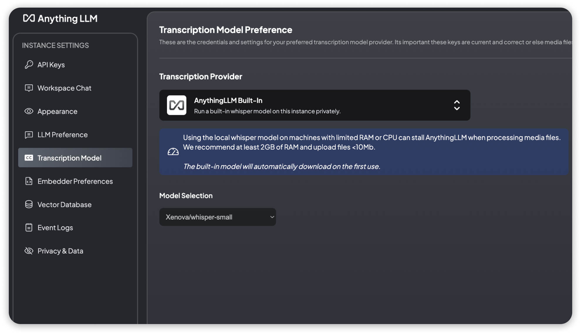 TeamplGPT Default Transcription Model Settings